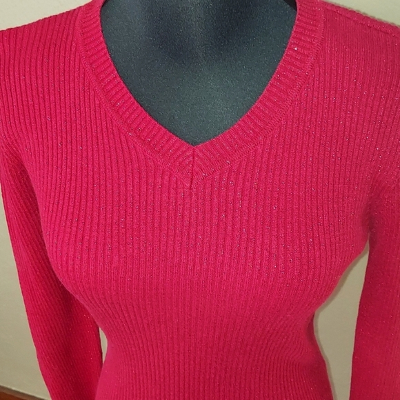 Juniors Basic Editions Red Long Sleeve Glitter Stretch Sweater - Picture 2 of 6